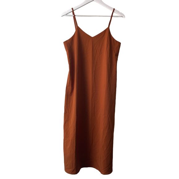 The Open Satin Silky Spaghetti Strap V-Neck Midi Dress in Burnt Orange -S - Picture 3 of 12